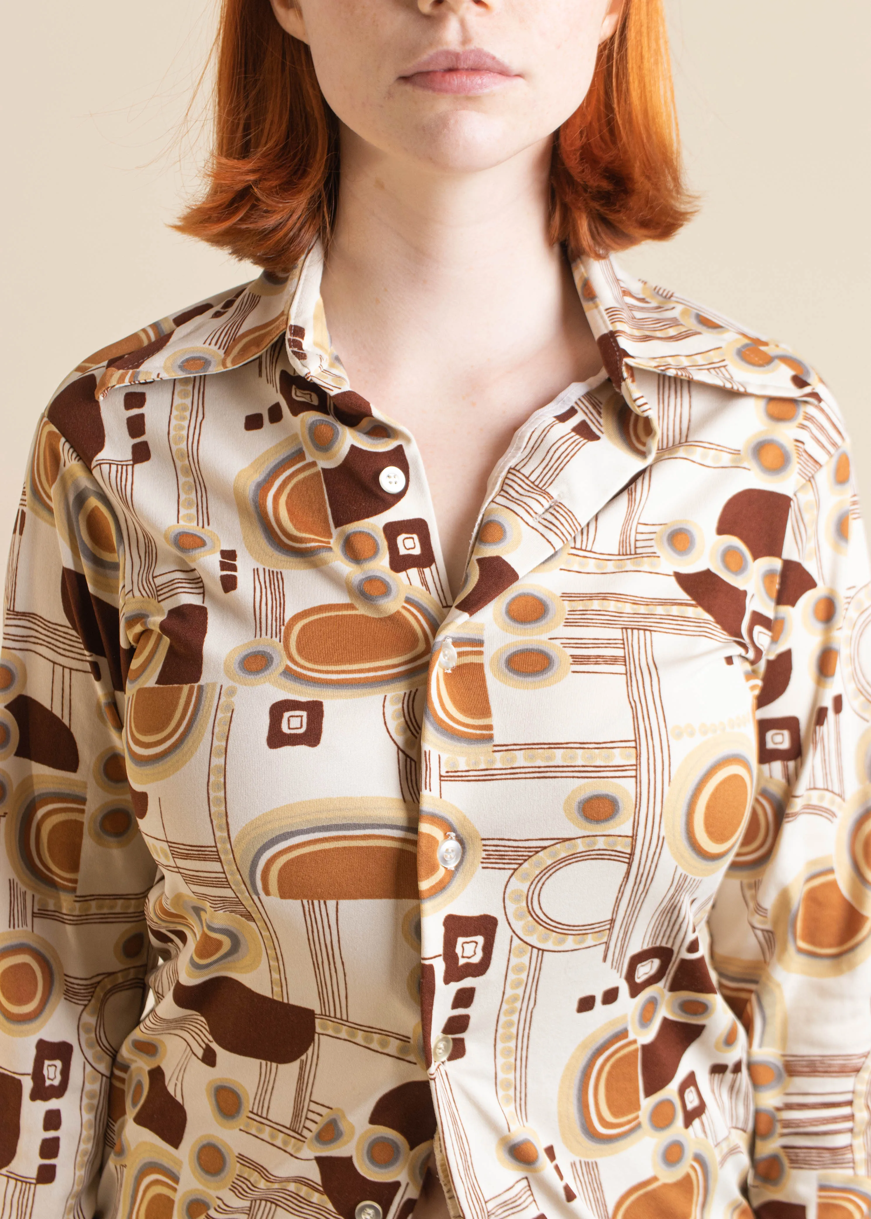 1970s Geometric Pattern Long Sleeve Button Up Shirt Size 2XS/XS