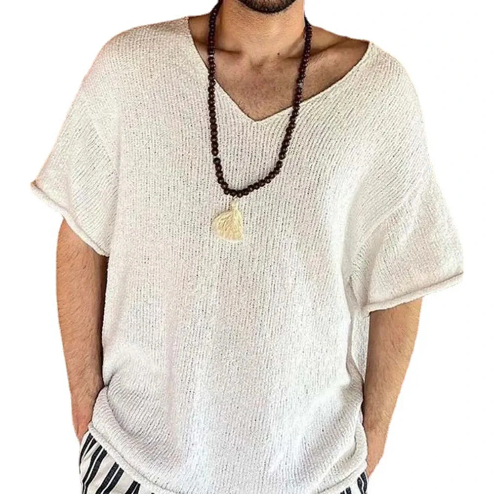 Aidase Mens Hollow Casual Knitted Tops Genderless 2024 Summer New Fashion Vacation White Loose Breathable Short Sleeve T-Shirt Unisex
