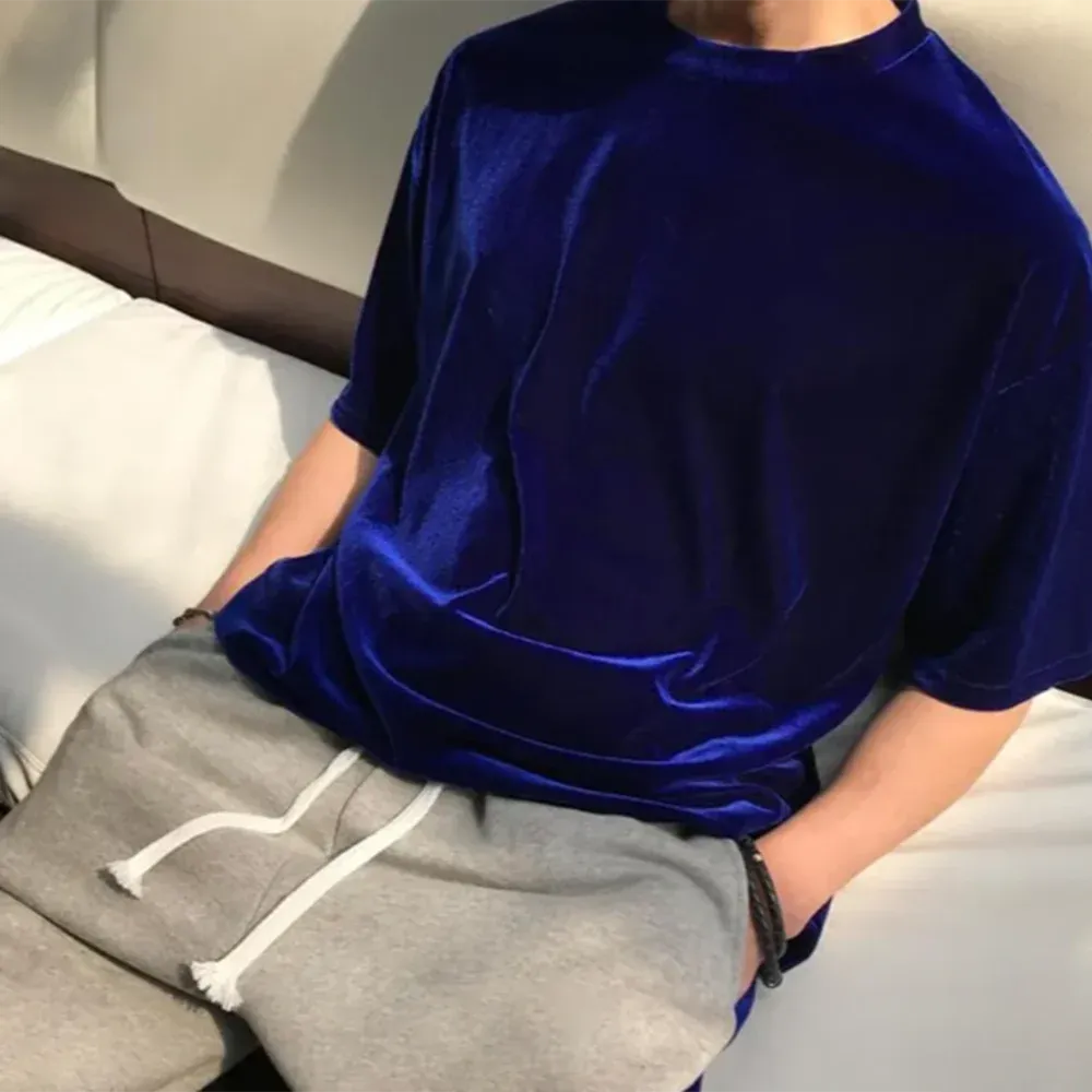 Aidase Mens T-Shirt Gold Velvet Casual T-Shirt Spring Autumn Fashion Personality Streetwear All-Match Solid Color Tops Men'S Clothing