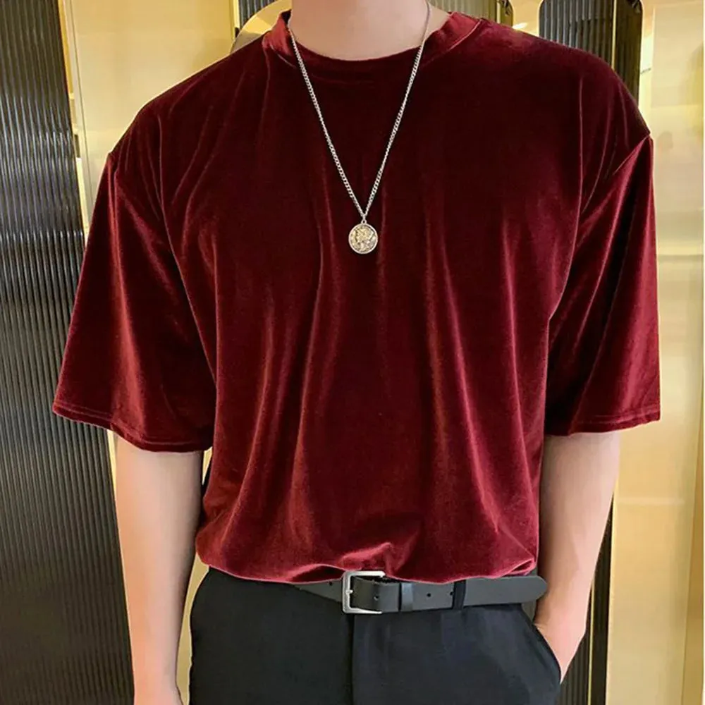 Aidase Mens T-Shirt Gold Velvet Casual T-Shirt Spring Autumn Fashion Personality Streetwear All-Match Solid Color Tops Men'S Clothing