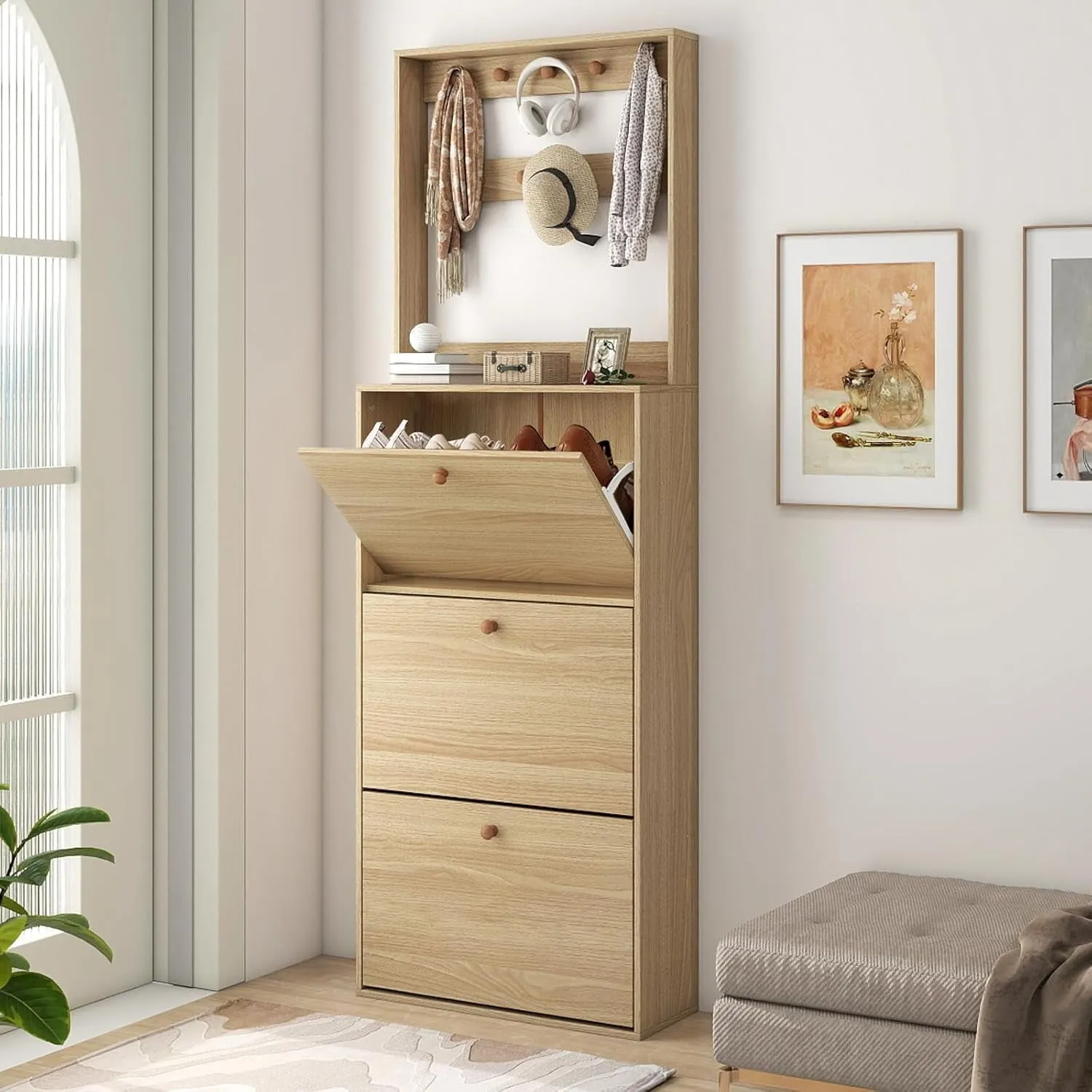 cozy Shoe Rack, 3 Tier Shoe Storage Cabinet , Freestanding Tipping Shoe Shelves Organizer