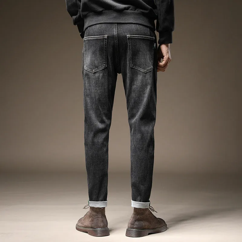 Fall and winter Black Slim-fit Men's Jeans with Small Feet