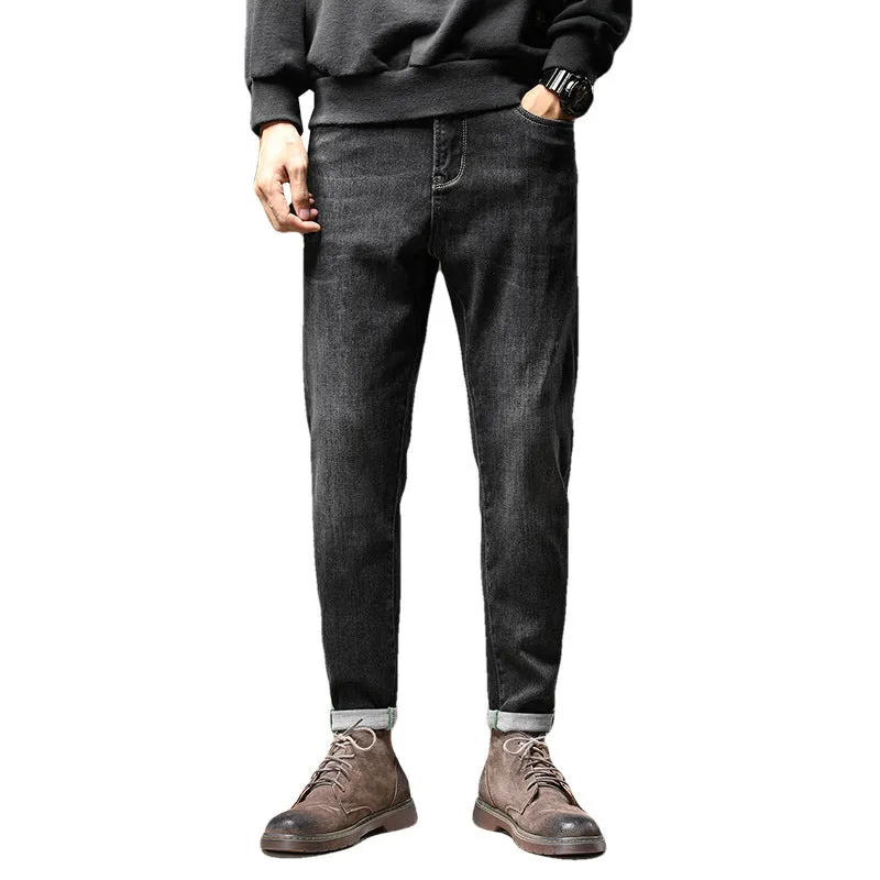Fall and winter Black Slim-fit Men's Jeans with Small Feet