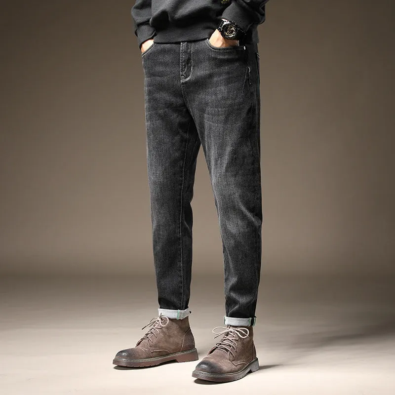 Fall and winter Black Slim-fit Men's Jeans with Small Feet