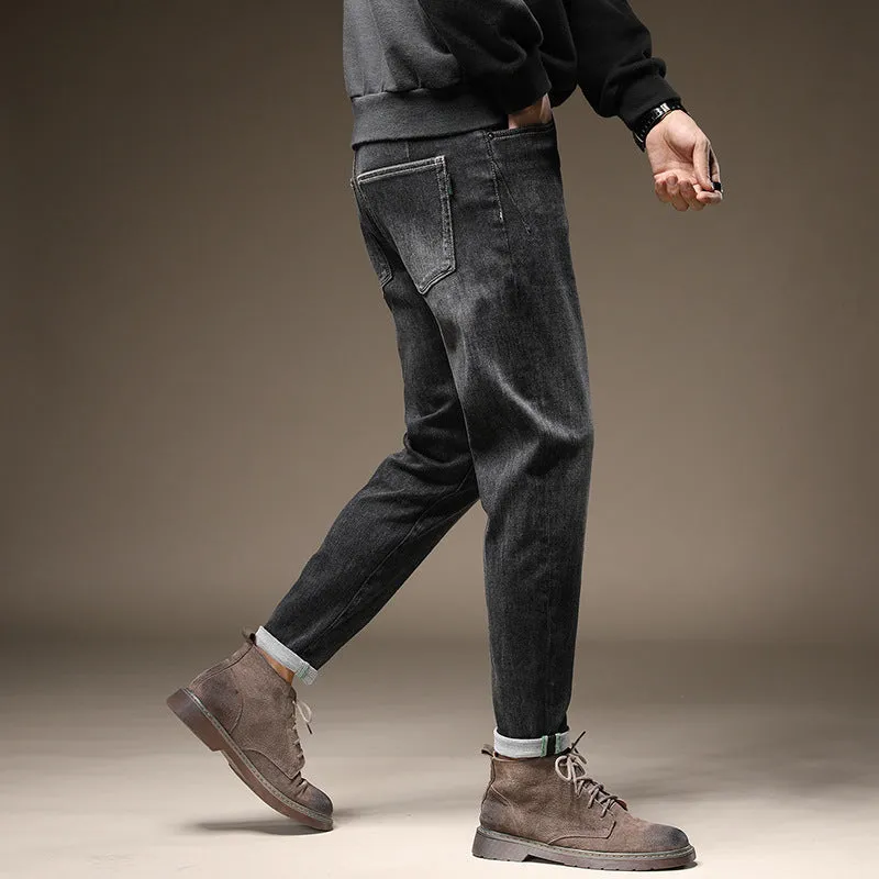 Fall and winter Black Slim-fit Men's Jeans with Small Feet