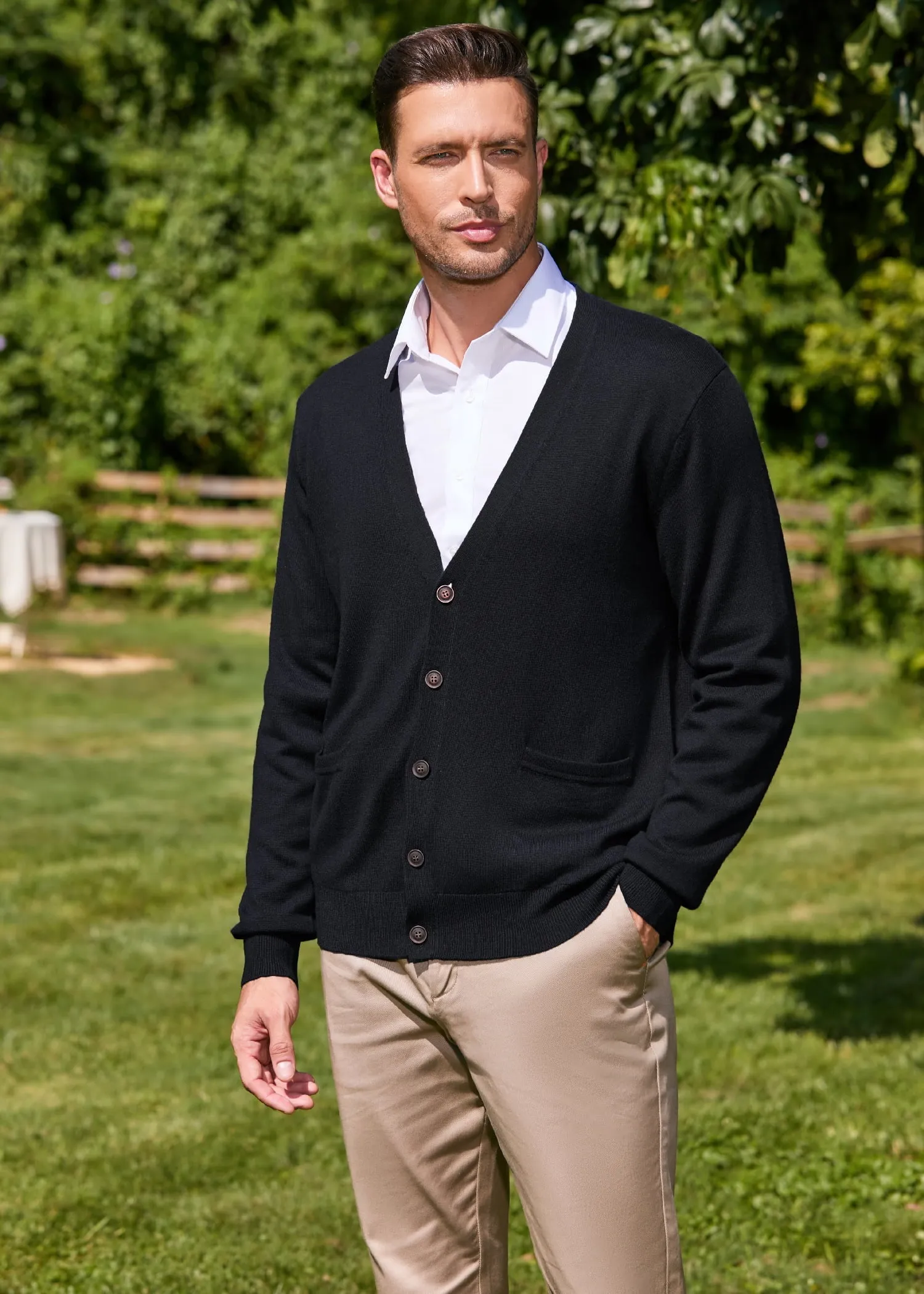 Kallspin Men’s Cardigan Sweater Wool Blend V Neck Buttons Cardigan with Pockets(Black,2X-Large)