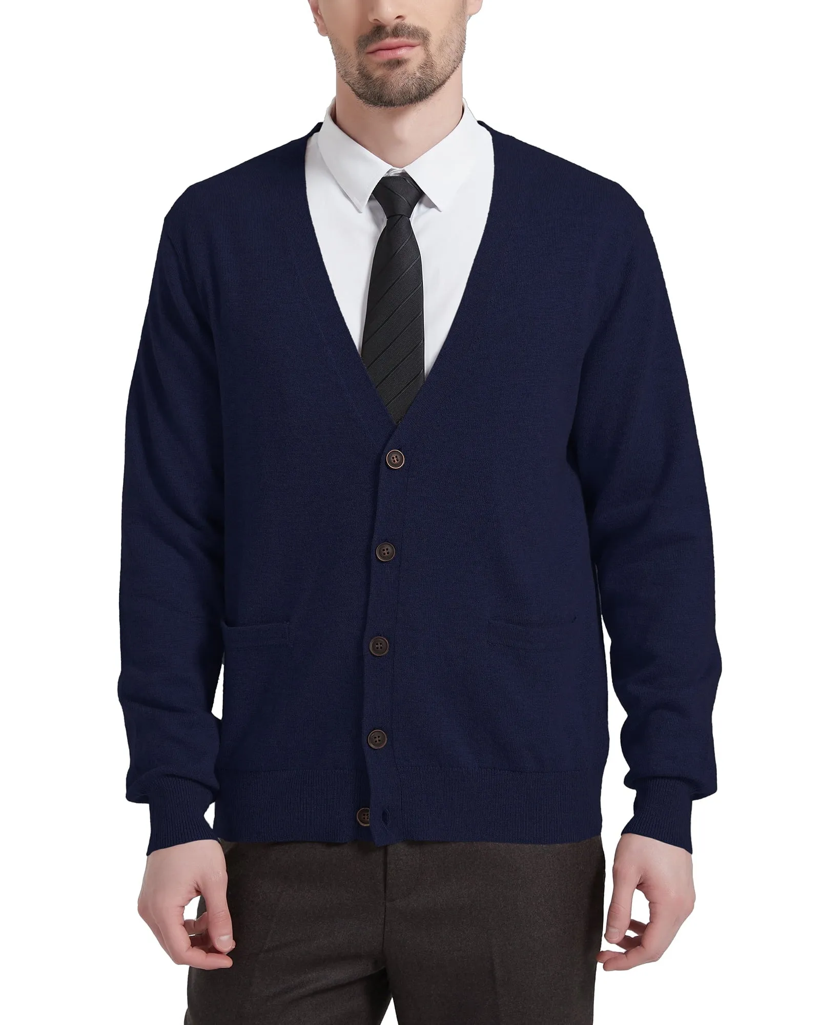 Kallspin Men’s Cardigan Sweater Wool Blend V Neck Buttons Cardigan with Pockets(Black,2X-Large)