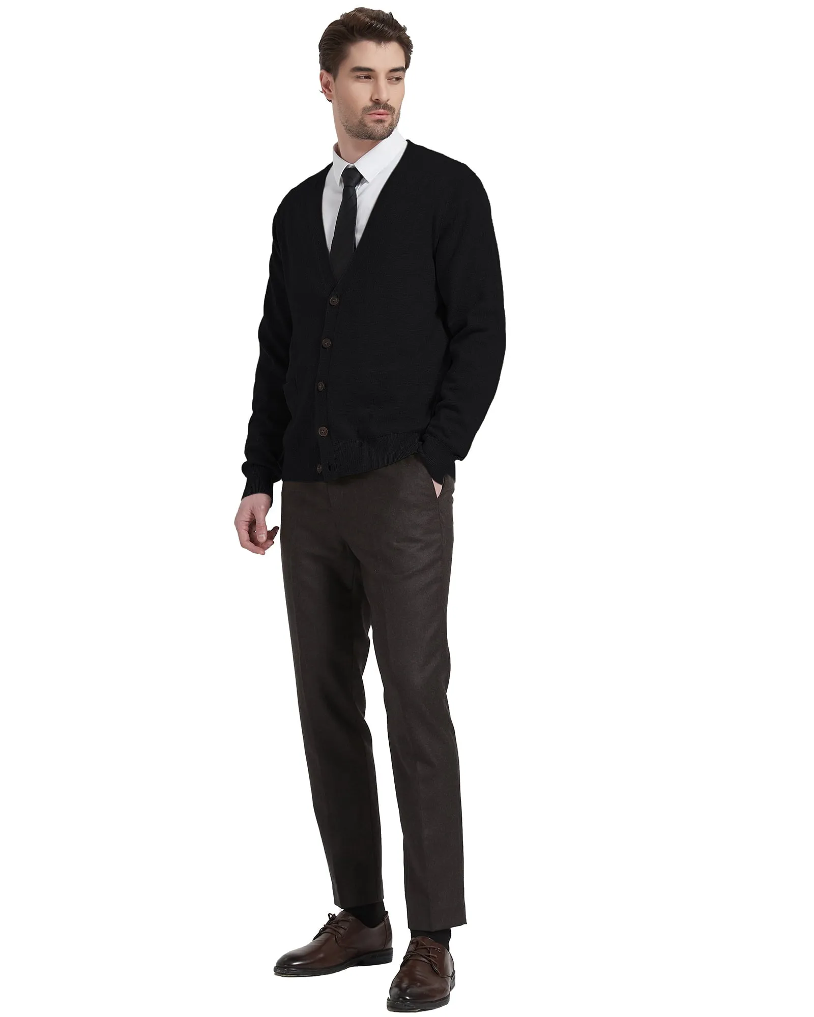 Kallspin Men’s Cardigan Sweater Wool Blend V Neck Buttons Cardigan with Pockets(Black,2X-Large)