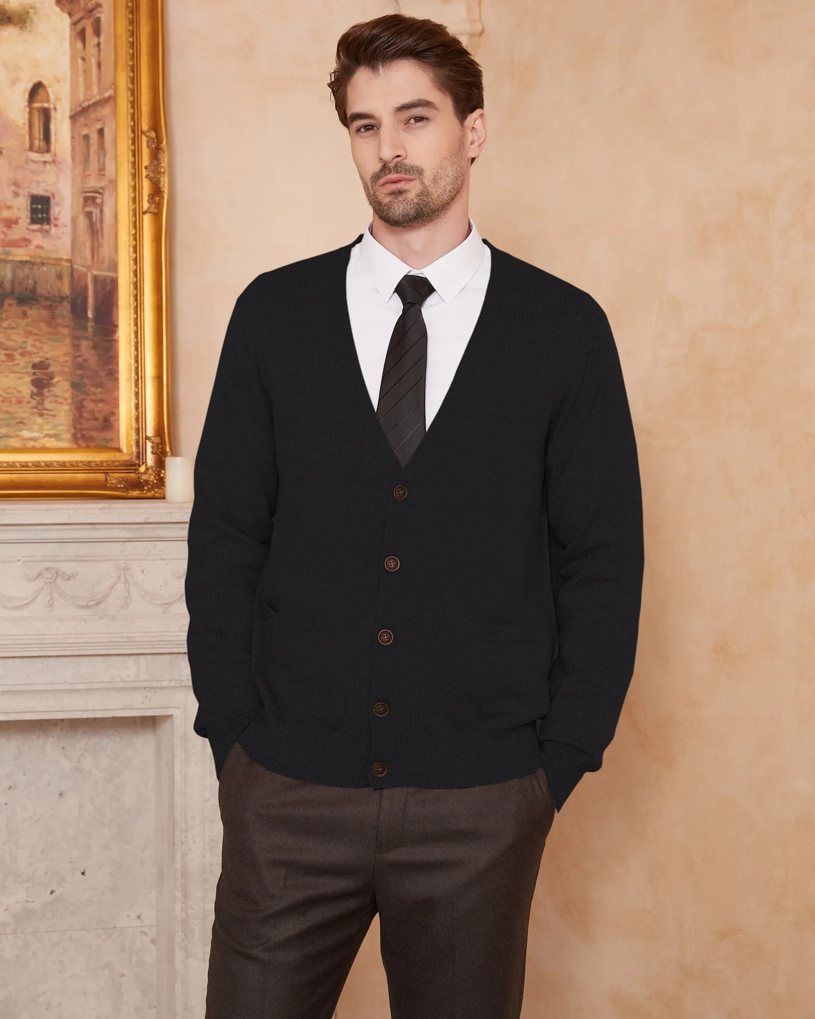 Kallspin Men’s Cardigan Sweater Wool Blend V Neck Buttons Cardigan with Pockets(Black,2X-Large)