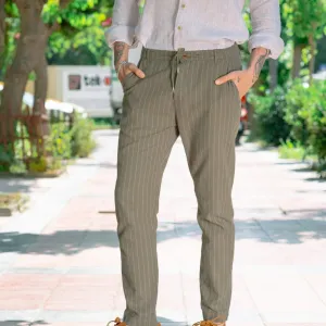 Khaki Green Striped Tapered Mens Linen Trousers Pants Slim Fit