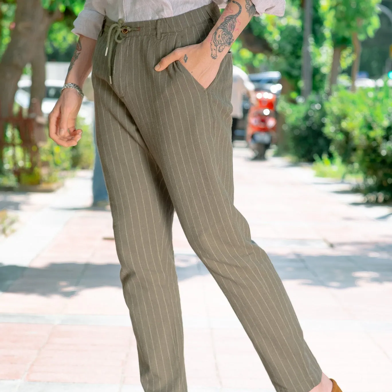 Khaki Green Striped Tapered Mens Linen Trousers Pants Slim Fit
