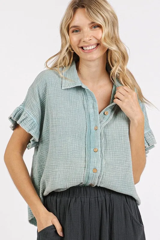 Mineral Washed Flounce Sleeve Shirt