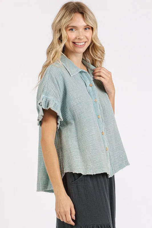 Mineral Washed Flounce Sleeve Shirt
