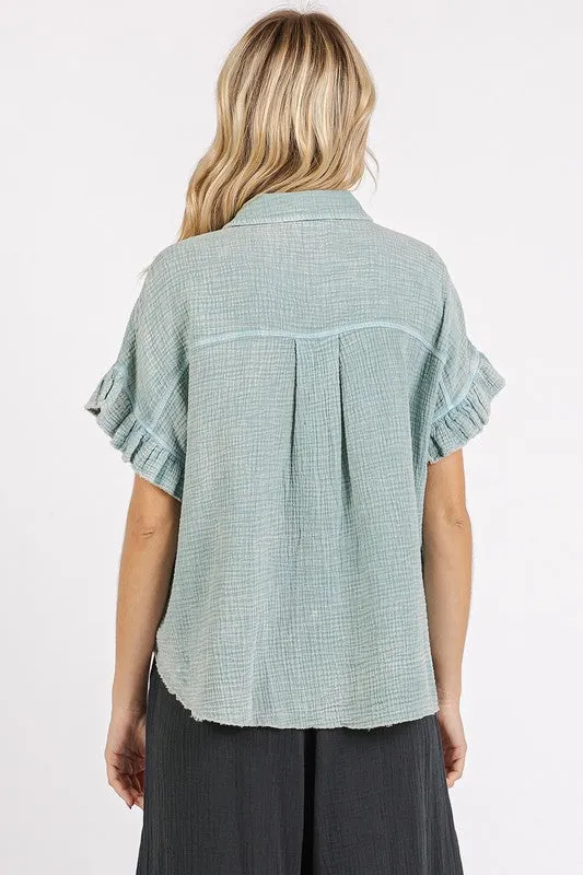Mineral Washed Flounce Sleeve Shirt