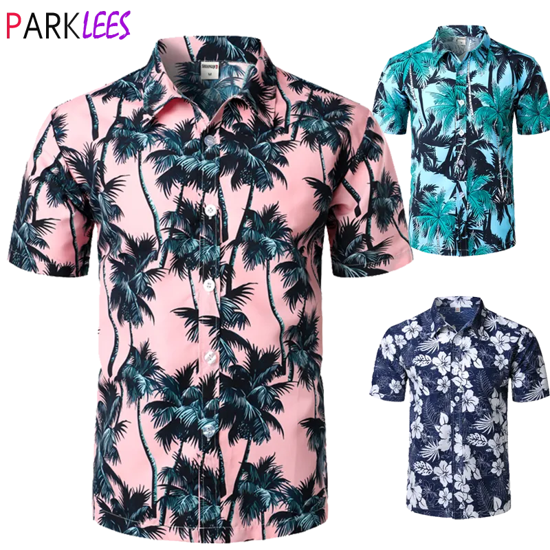 Palm Tree Printed Hawaiian Beach Shirt for Men 2019 Summer Short Sleeve 5XL Aloha Shirts Mens Holiday Vacation Clothing Chemise