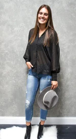 Sheer Metallic Button Up Blouse