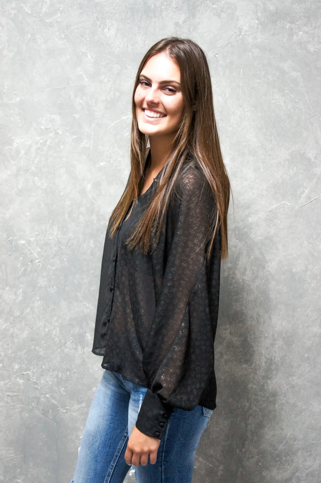Sheer Metallic Button Up Blouse