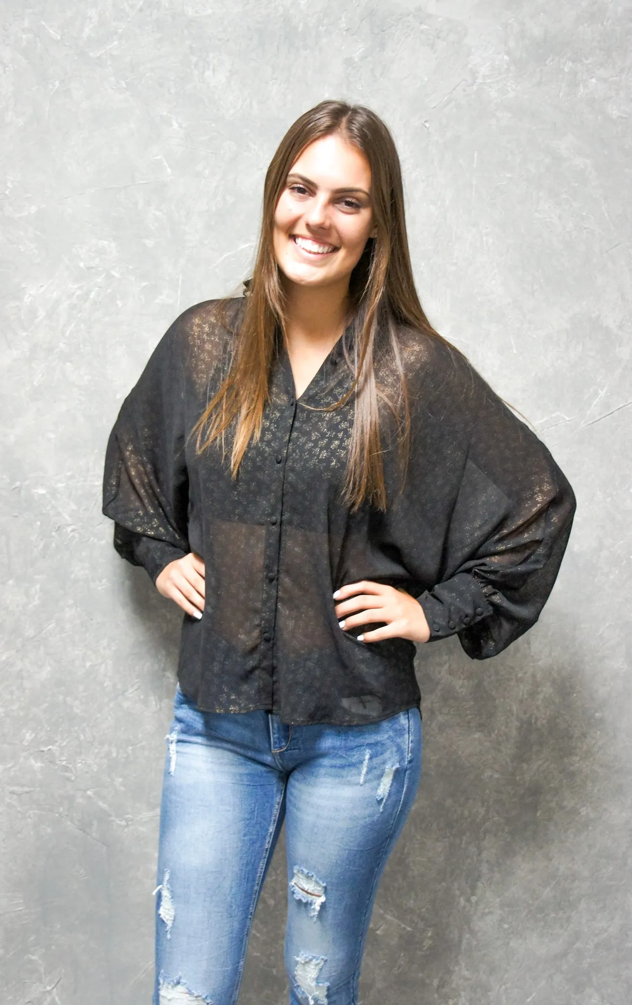 Sheer Metallic Button Up Blouse