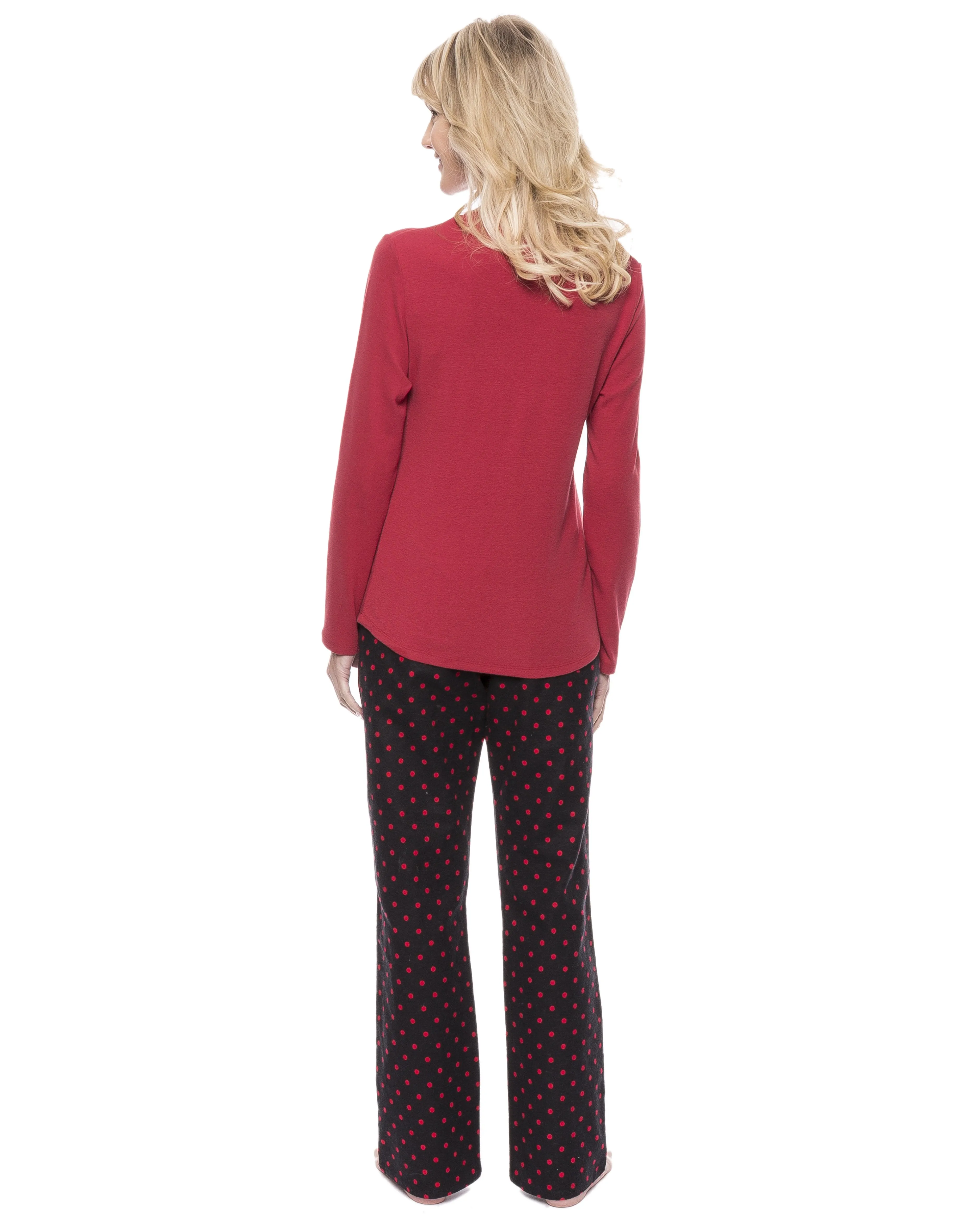Womens Cotton Flannel Lounge Set with Henley Top - Dots Diva Black/Red