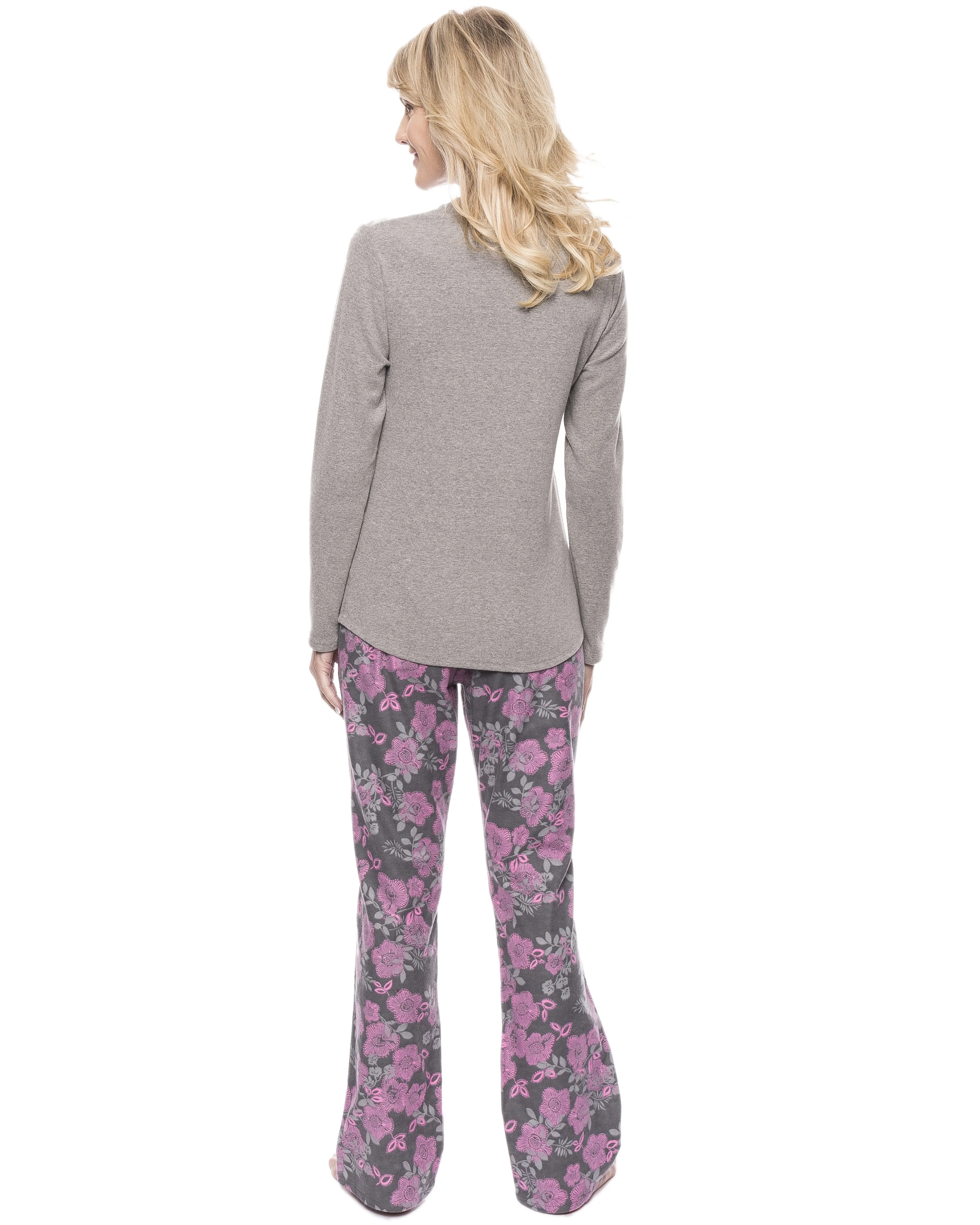 Womens Cotton Flannel Lounge Set with Henley Top - Floral Grey/Pink