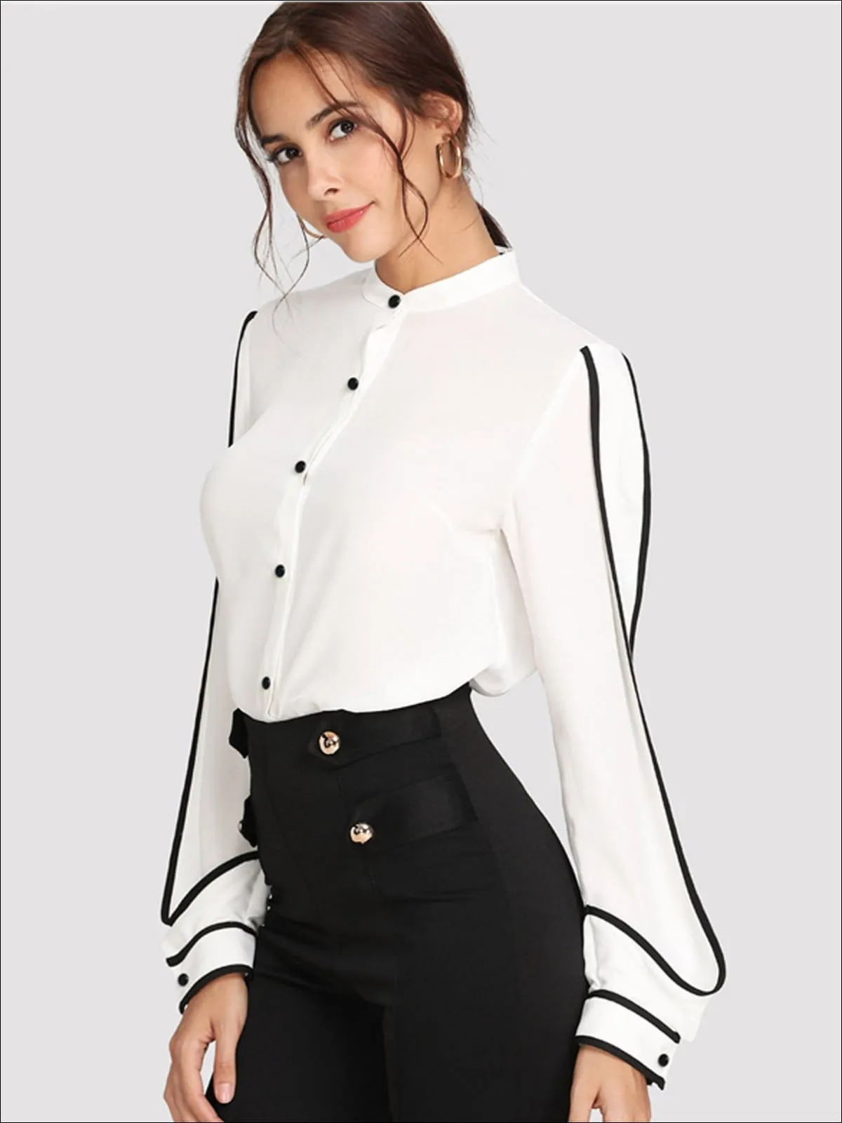 Women's White Button Up Long Sleeve Blouse