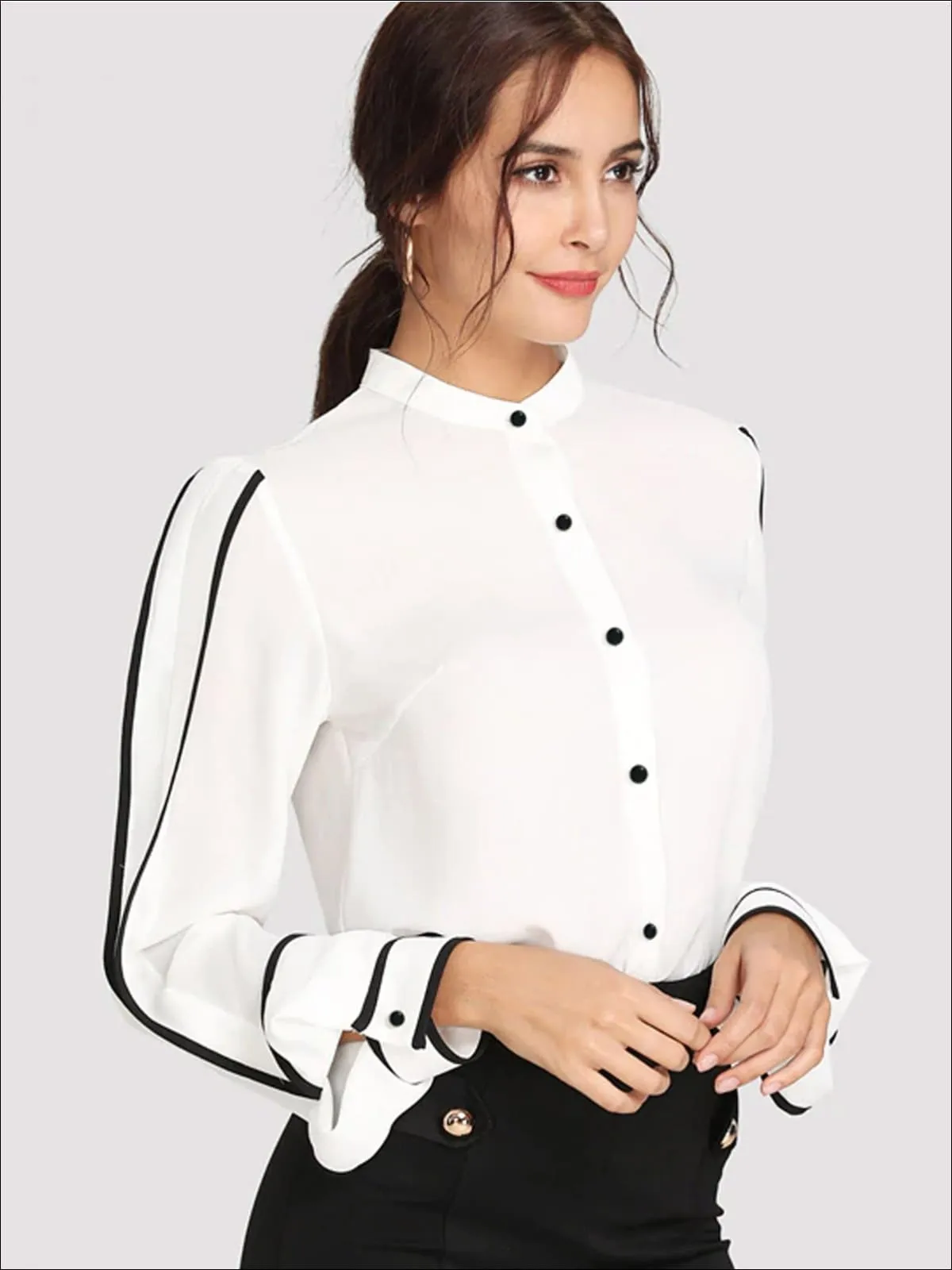 Women's White Button Up Long Sleeve Blouse
